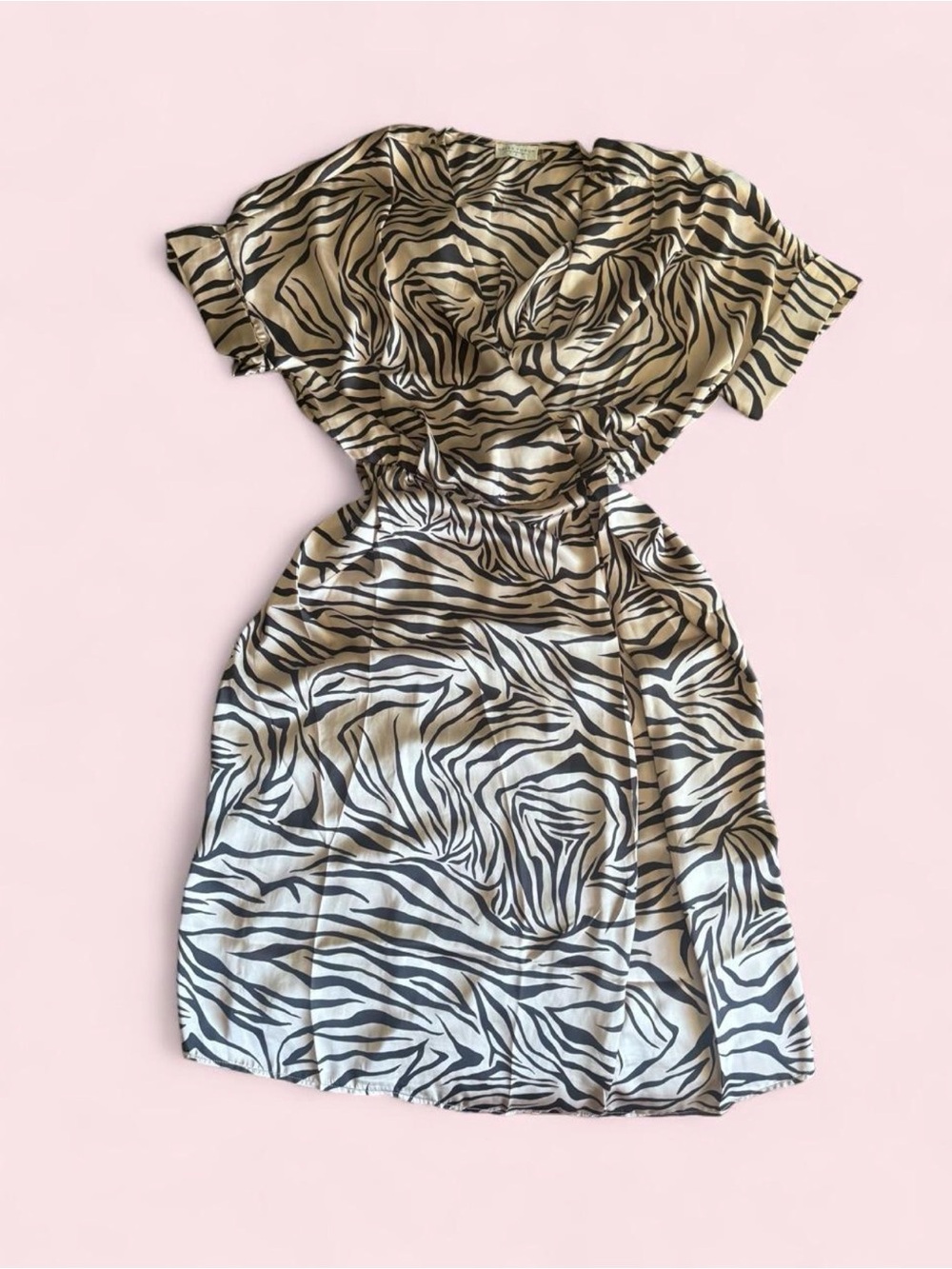 Champagne Zebra Print Short Sleeve Satin Dress
